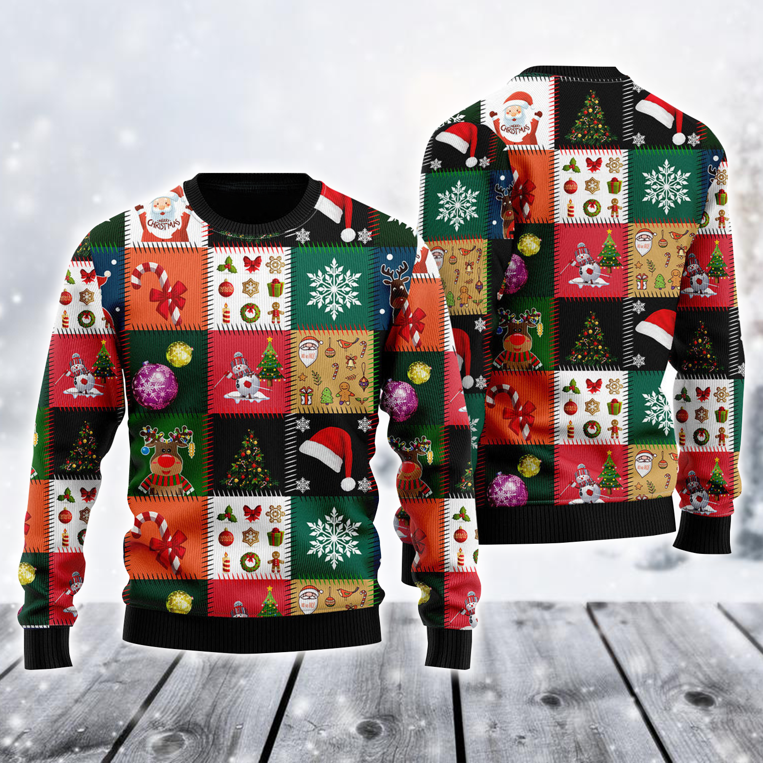 Reindeer Santa Snowflake Patchwork Ugly Christmas Sweater Winter Holiday Jumper Gift For Him