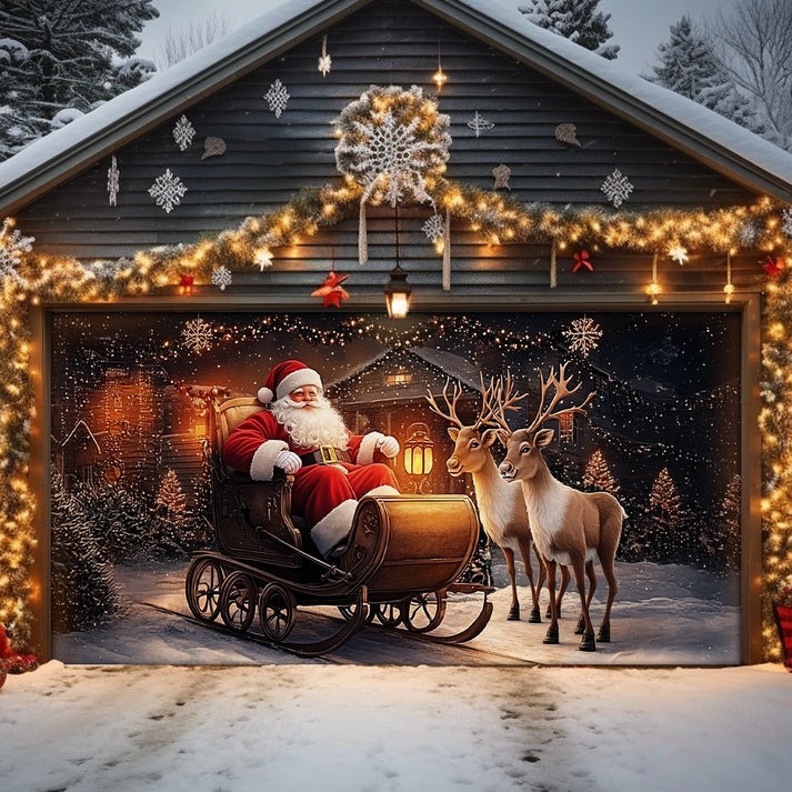 Reindeer Santa's Christmas Journey Garage Door Cover Sleigh Winter House Decor Christmas Gifts