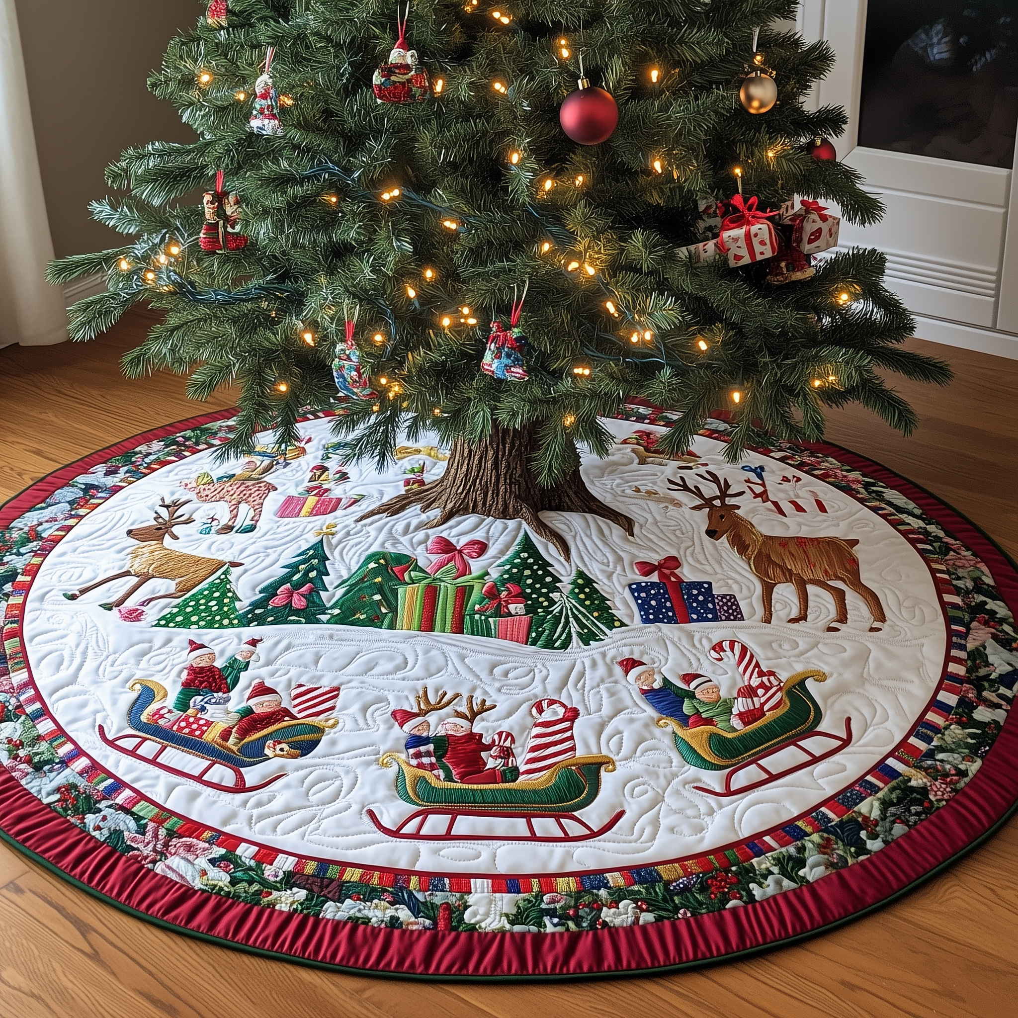Reindeer Sleds Quilted Tree Skirt Best Xmas Tree Skirts Decorations Great Holiday Gifts For Family