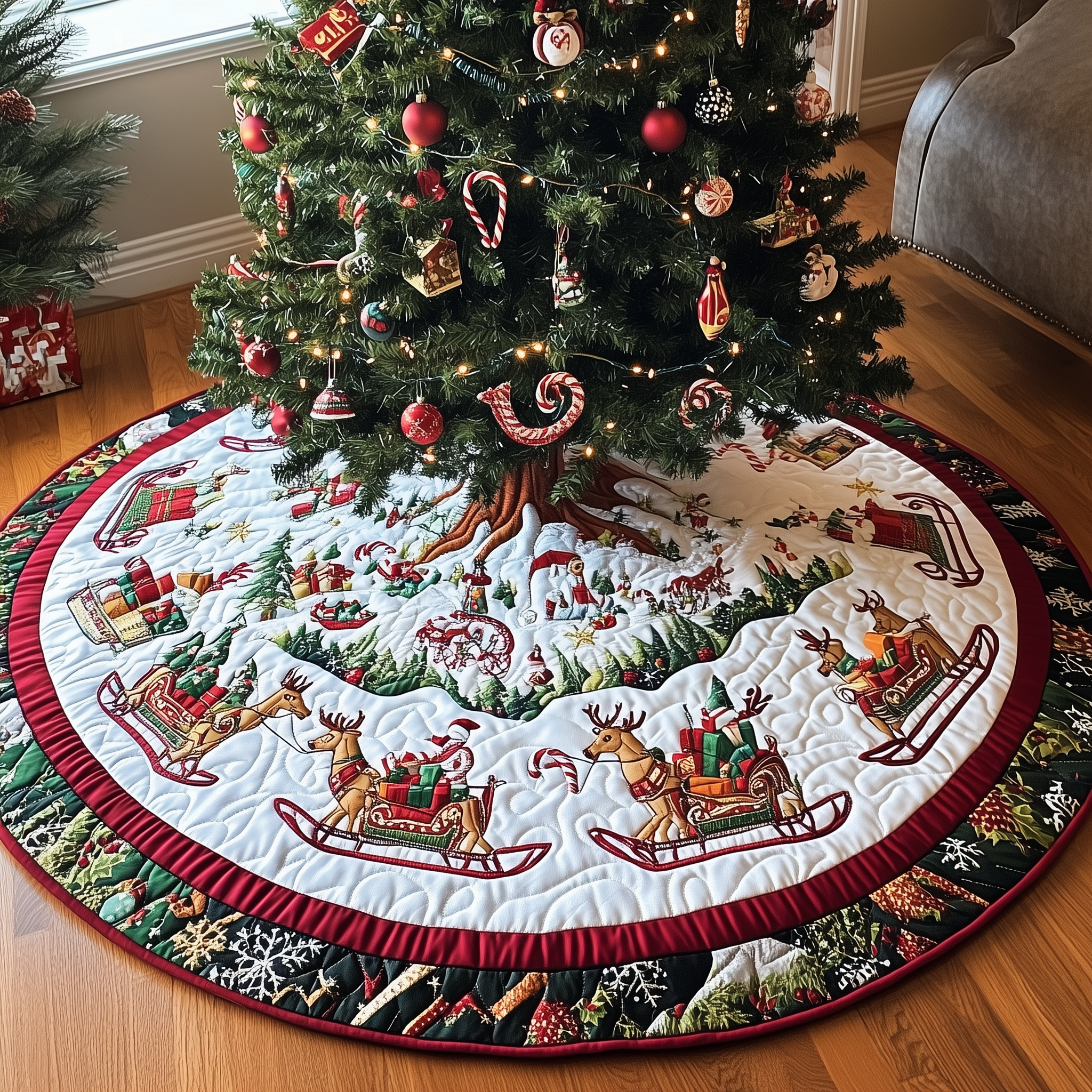 Reindeer Sleds Quilted Tree Skirt Best Xmas Tree Skirts Decorations Great Holiday Gifts For Family