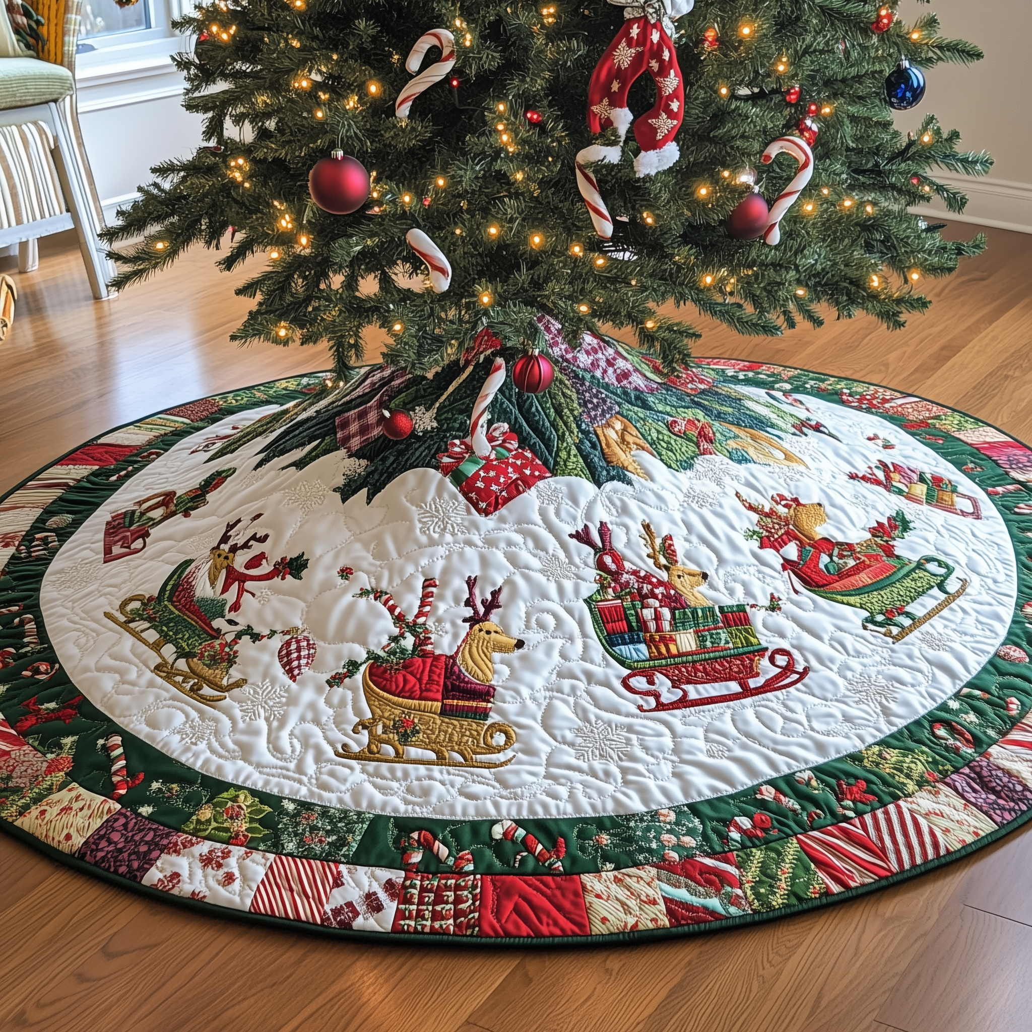 Reindeer Sleds Quilted Tree Skirt Stylish Holiday Decor Gift Merch