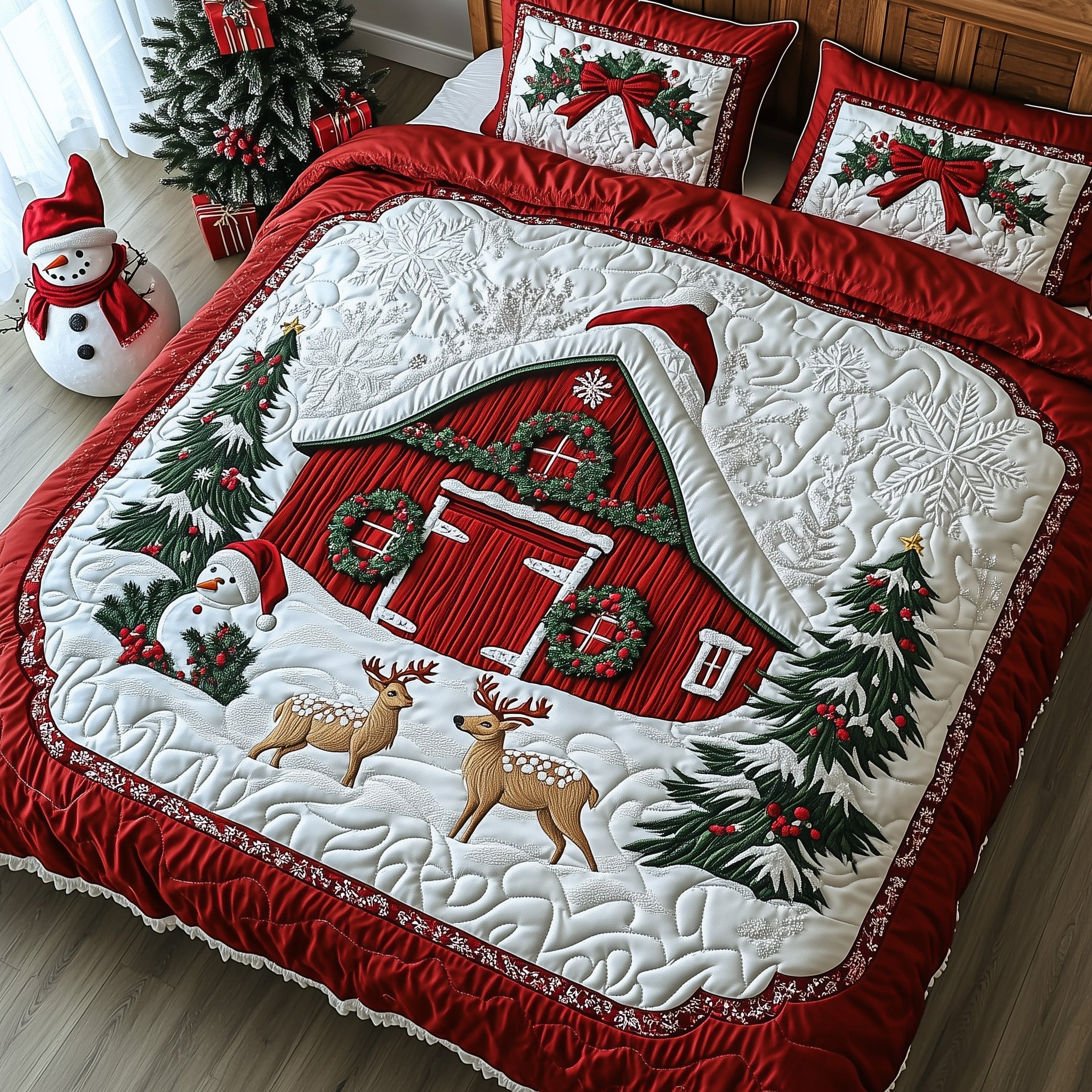 Reindeer Snow Cabin Quilted Bedding Set Duvet Cover Bedspread Deer Theme Xmas Gifts