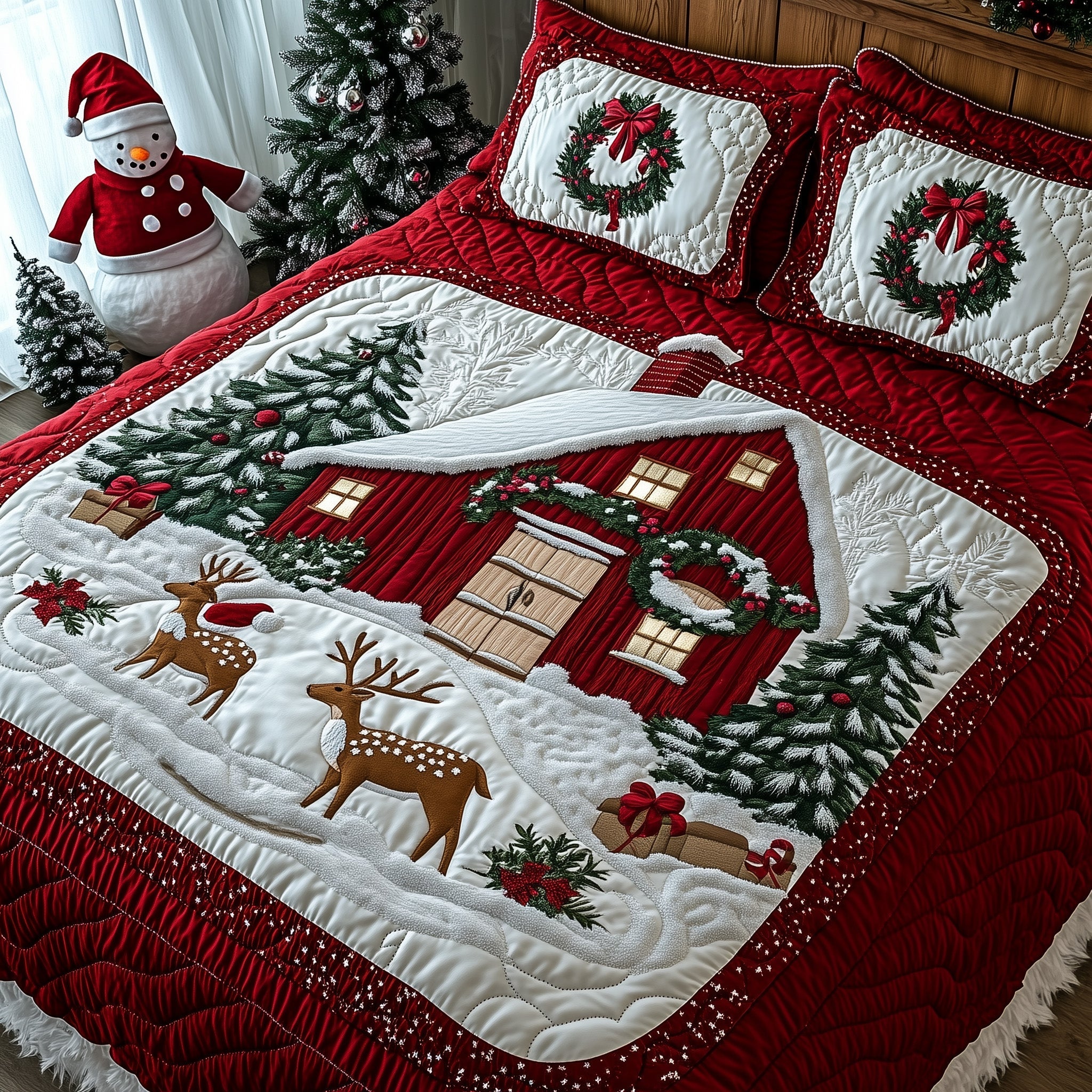 Reindeer Snow Cabin Quilted Bedding Set Duvet Cover Bedspread Deer Theme Xmas Gifts For Family
