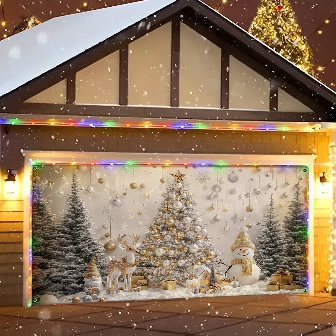 Reindeer Snowman And Pine Tree Christmas Garage Door Cover Golden Winter Gara Decorations