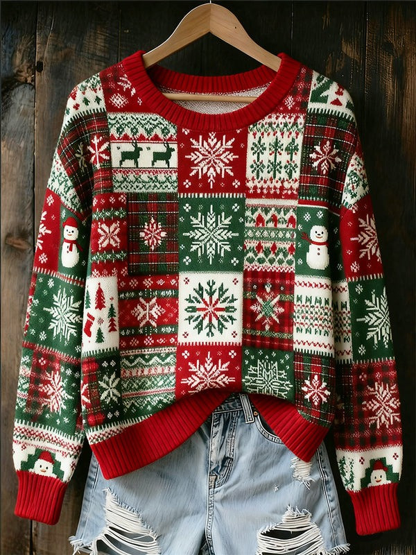 Reindeer Snowman Patchwork Christmas Sweater Snowflakes Cozy Holiday Gift Ideas