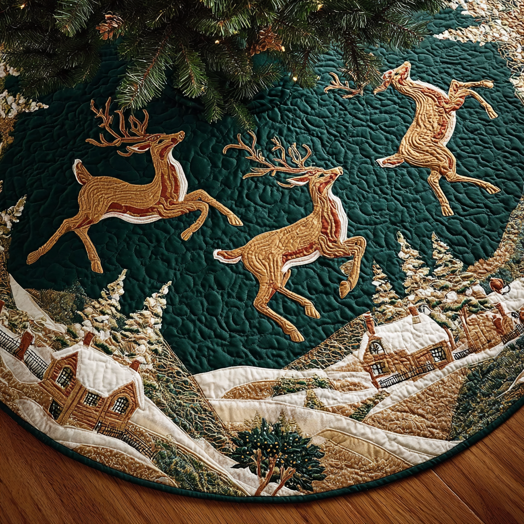 Reindeer Spirit Christmas Quilted Tree Skirt Luxury Quilted Christmas Tree Skirt for Family Celebration