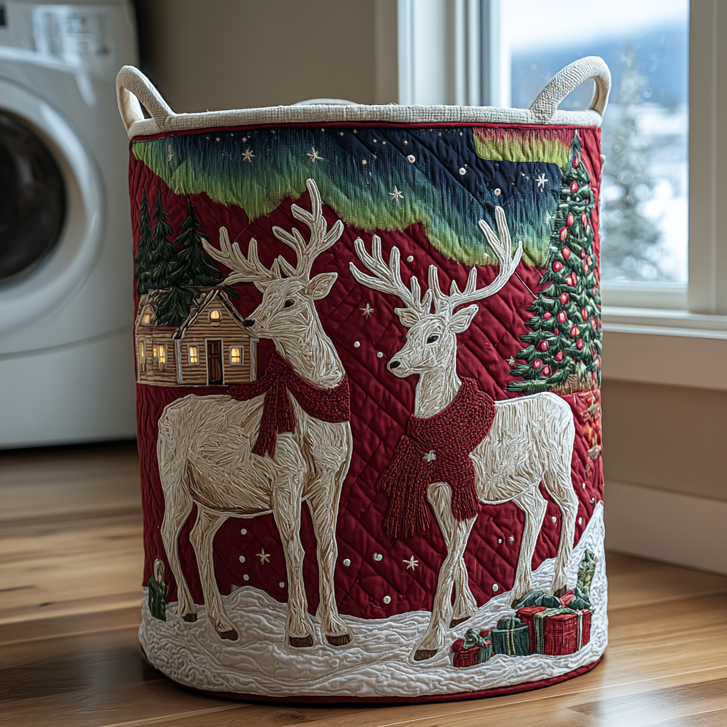 Reindeer Spirit Quilted Laundry Basket Christmas Merch Gift