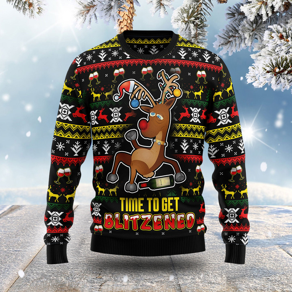 Reindeer Time To Get Blitzened Ugly Christmas Sweater Holiday Apparel Gifts For Reindeer Lovers