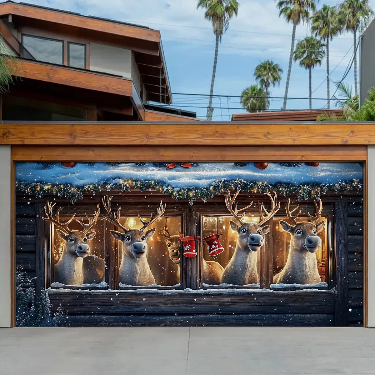 Reindeer Watching Christmas Garage Door Banner Outdoor Xmas Decorations Reindeer Lover Gifts