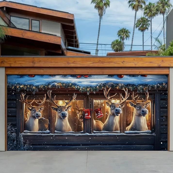 Reindeer Watching The Holiday Cheer Garage Door Cover Festive Outside Decor Xmas Gifts