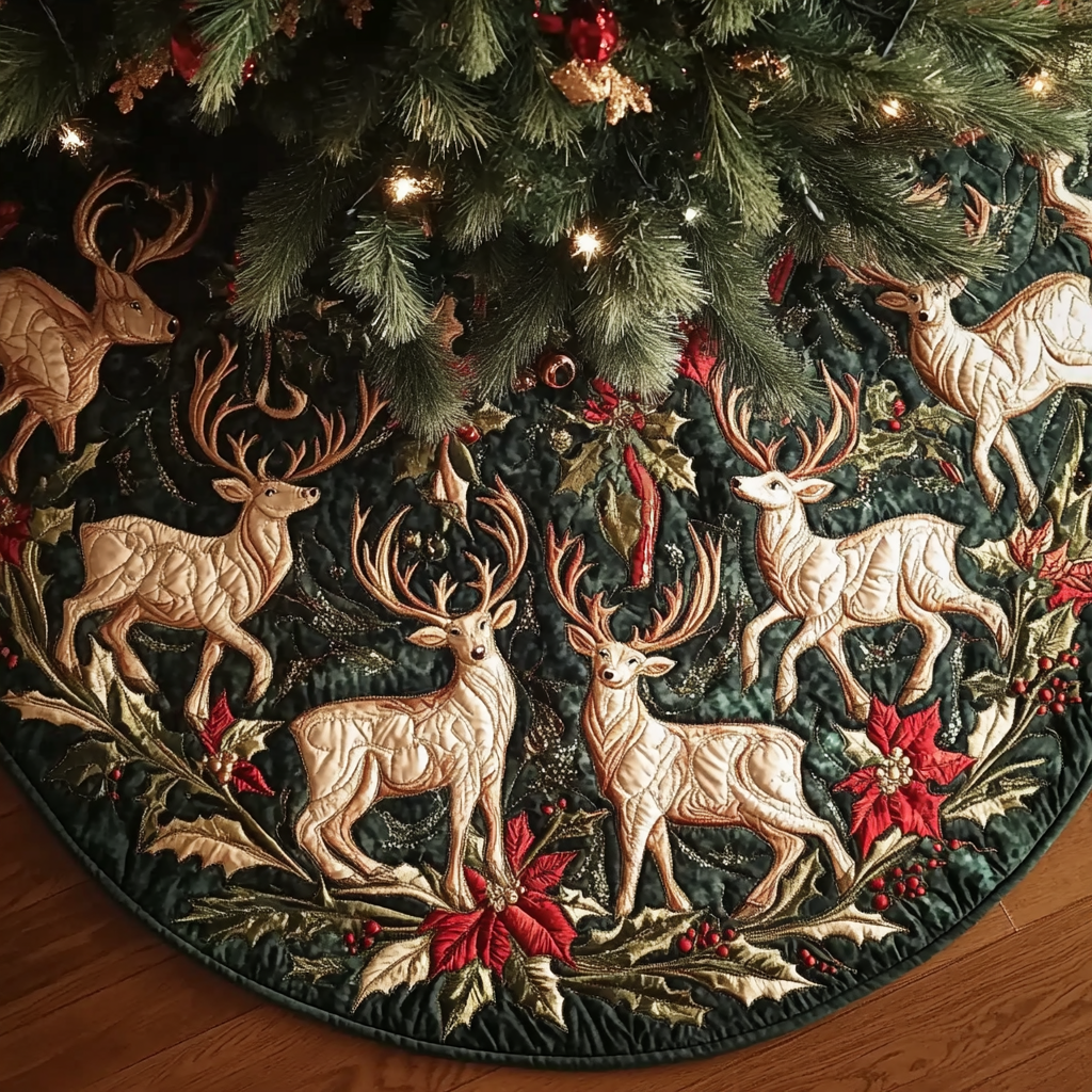 Reindeer Whispers Christmas Quilted Tree Skirt Beautiful Tree Skirt to Complete Your Christmas Look