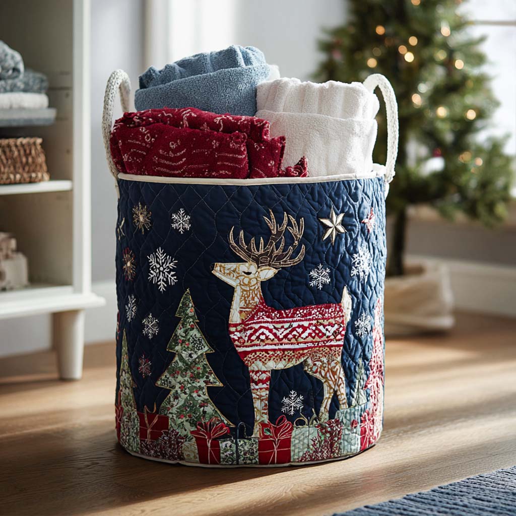 Reindeer Wishes Quilted Laundry Basket Soft Quilted Laundry Basket for Daily Home Use