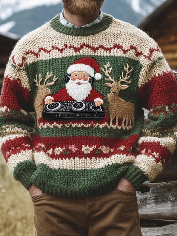 Reindeers And Santa Playing Ugly Christmas Sweater Funny Clothes Party Gifts For DJ Lovers