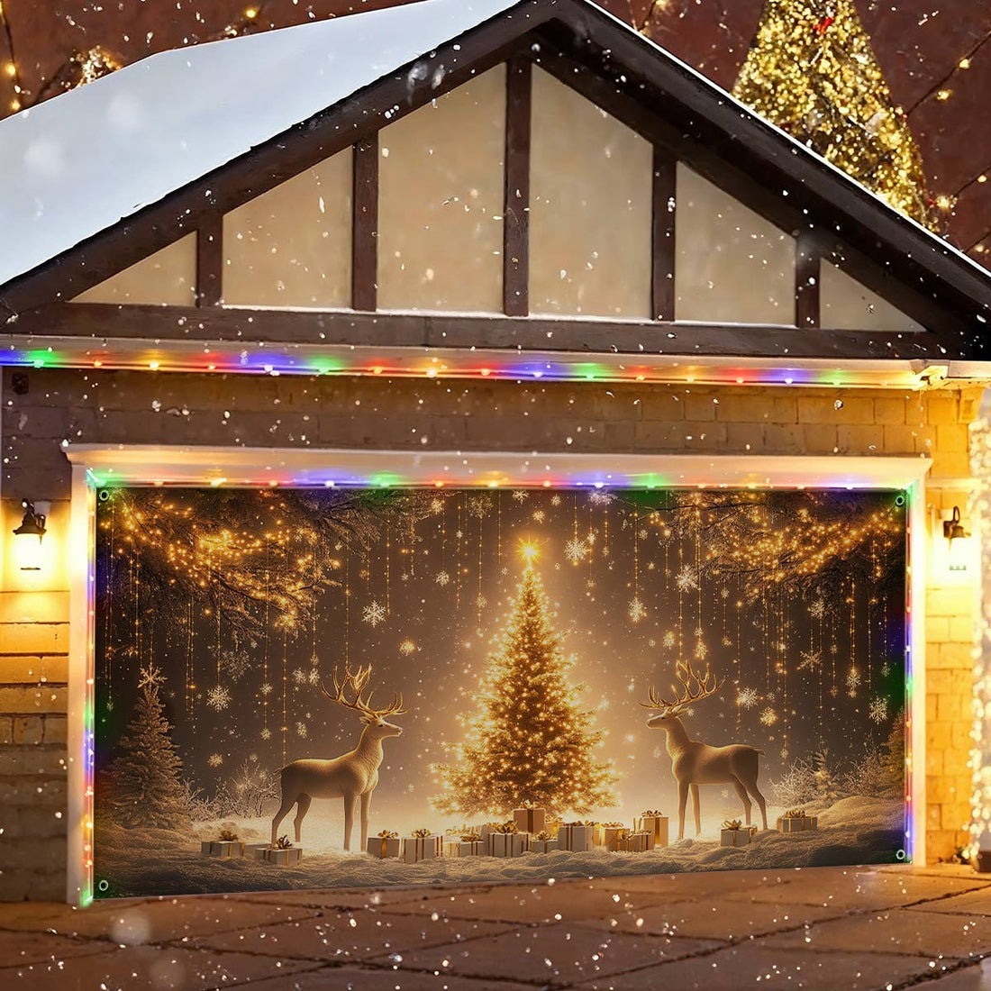 Reindeers Gifts And Pine With Lights Garage Door Cover Magic Sleigh Christmas House Decor
