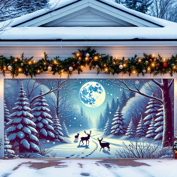 Reindeers In Winter Night Christmas Garage Door Cover Home Decor Christmas Gifts For Dad