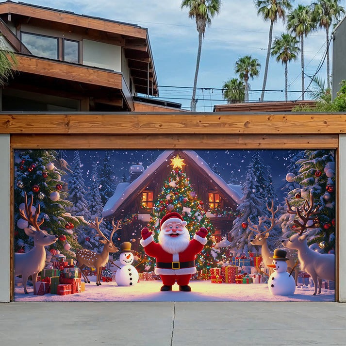 Reindeers Santa And Snowman Garage Door Cover Joyful Christmas Outdoor Decoration Gift