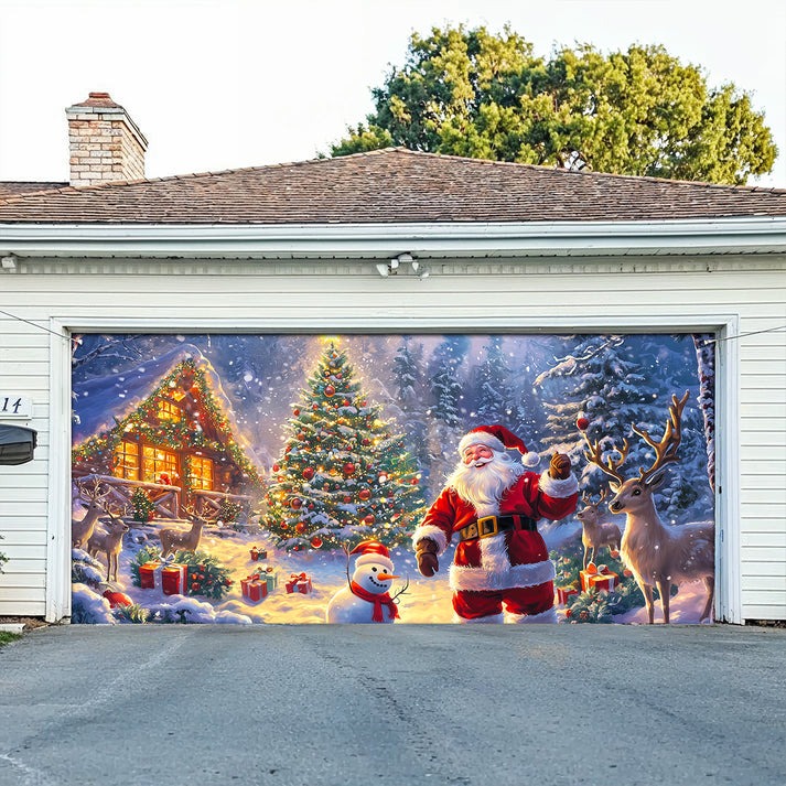 Reindeers Santa Cheerful And Snowman Garage Door Cover Xmas Festival Decorations Gift Ideas