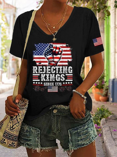 Rejecting Kings Since 1776 V-Neck Shirt America Flag Political Protest Clothes Activist Gifts