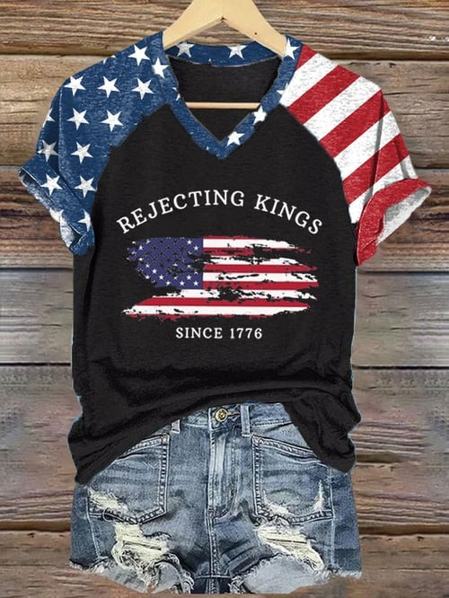 Rejecting Kings V-Neck Shirt America Flag Anti-Authoritarian Patriotic Clothes Gifts For Her
