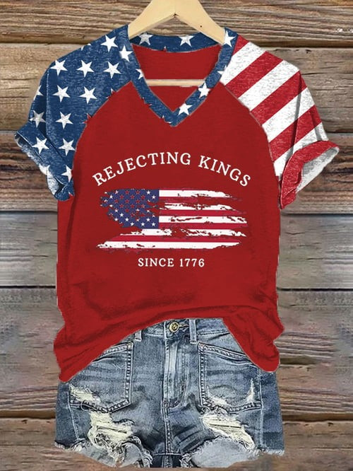 Rejecting Kings V-Neck Shirt America Flag Anti-Authoritarian Patriotic Clothes Gifts For Her