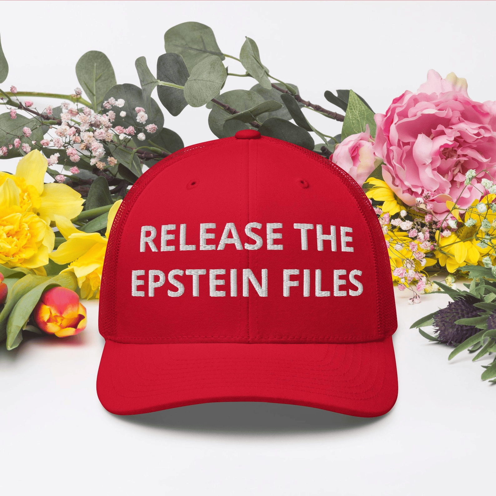 Release the Epstein Files Embroidered Hat Red MAGA Parody Trucker Cap Political Statement Satire Hat