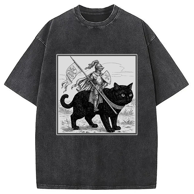 Renaissance Fair Knight Cat Ride Washed T-Shirt Retro Humor Graphic Top Gifts For Her