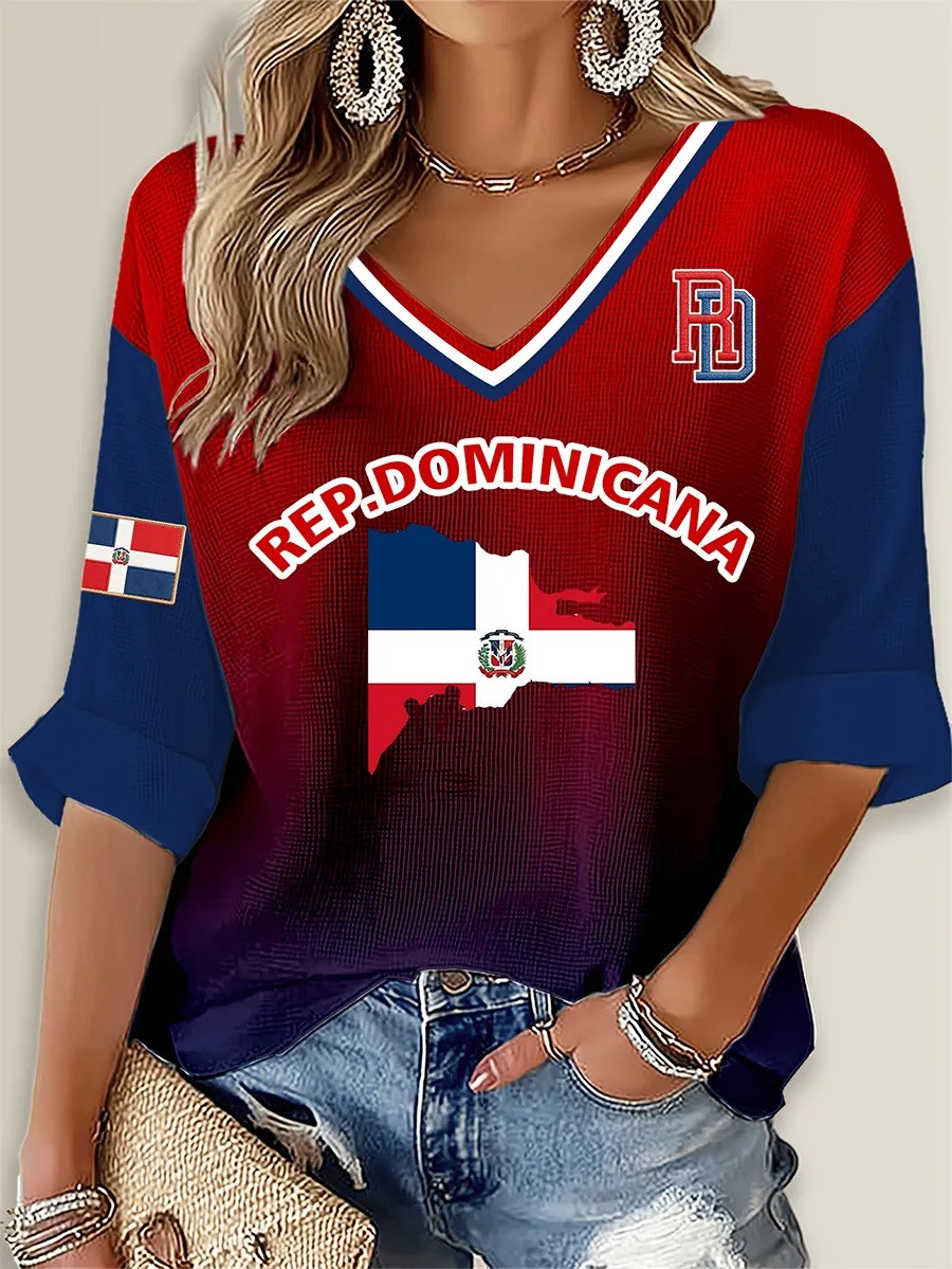 Rep Dominicana Map Long Sleeve V-Neck Shirt Dominican Republic Flag Pride Gradient Apparel Gift For DR Fans
