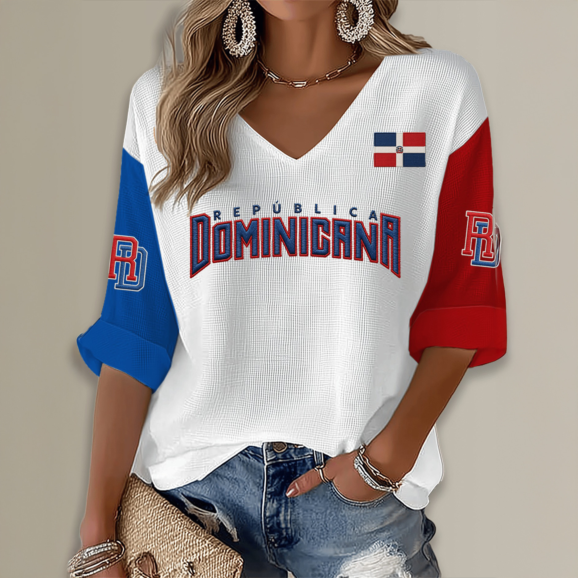 Republica Dominican Baseball V-Neck Long Sleeve Shirt Heritage Dominican Baseball Apparel