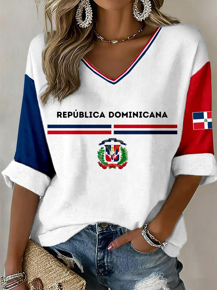 Republica Dominicana Long Sleeve V-Neck Shirt Dominican Coat Of Arms Pride Stripe Apparel Best Gift For Fans