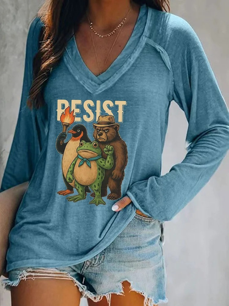 Resist Frog V-Neck Long Sleeve Shirt Animals Protest Anti Fascist Merch Gifts
