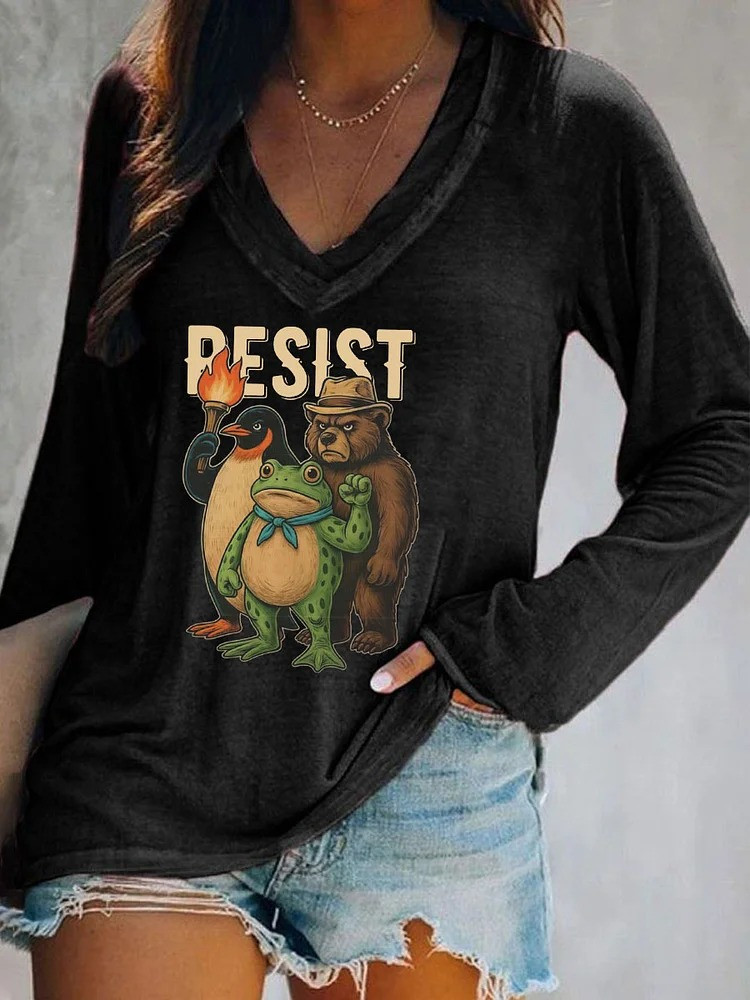 Resist Frog V-Neck Long Sleeve Shirt Animals Protest Anti ICE Merch Gifts For Liberal
