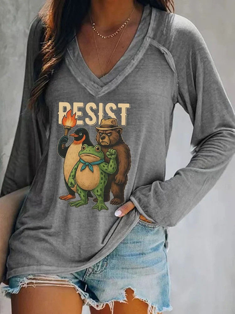 Resist Frog V-Neck Long Sleeve Shirt Animals Protest Anti ICE Merch Gifts For Women