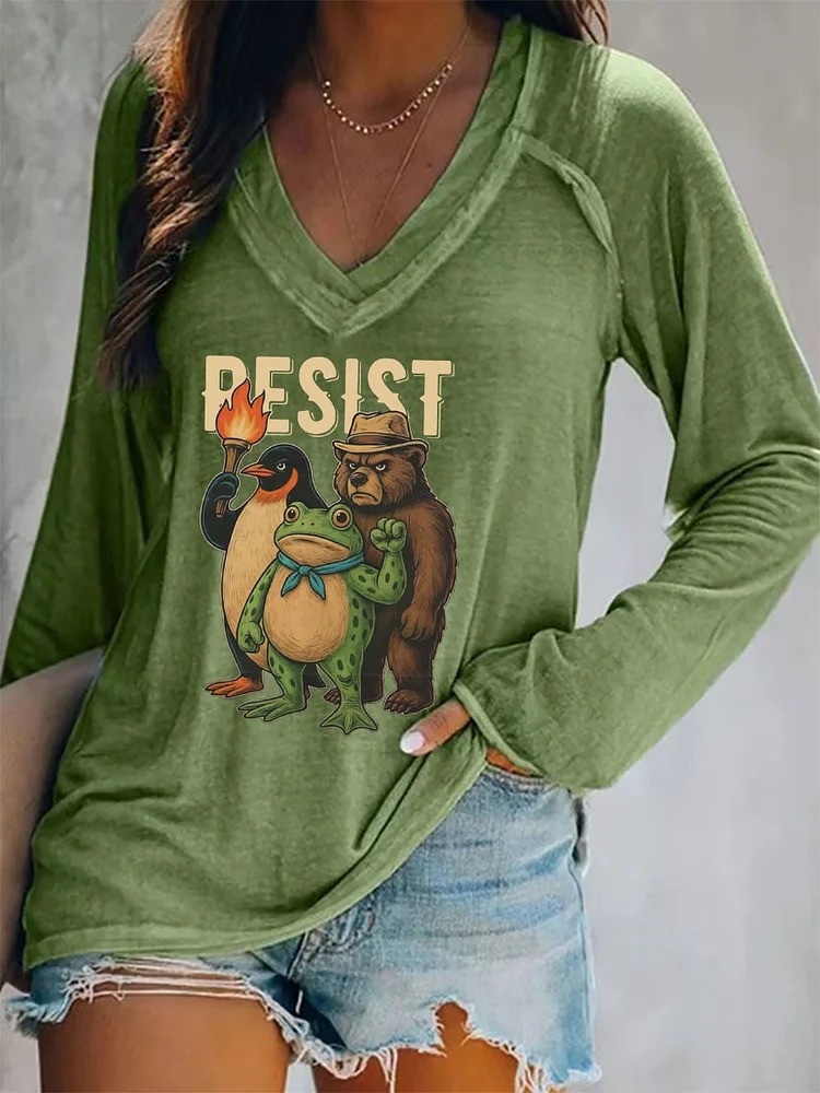 Resist Frog V-Neck Long Sleeve Shirt Animals Protest Antifa Merch Democrats Gifts