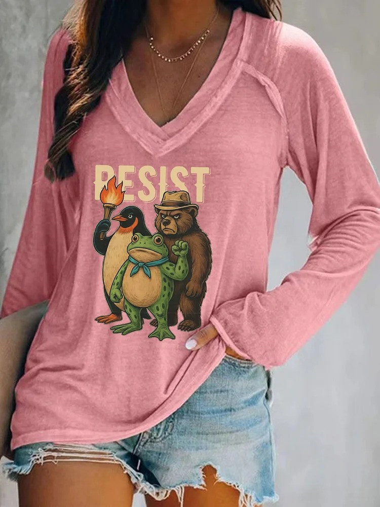 Resist Frog V-Neck Long Sleeve Shirt Animals Protest No Kings Merch Gifts For Her
