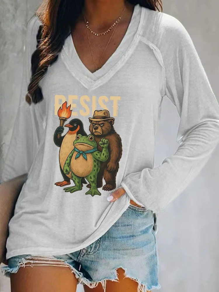 Resist Frog V-Neck Long Sleeve Shirt No Kings Animals Protest Merch Gifts