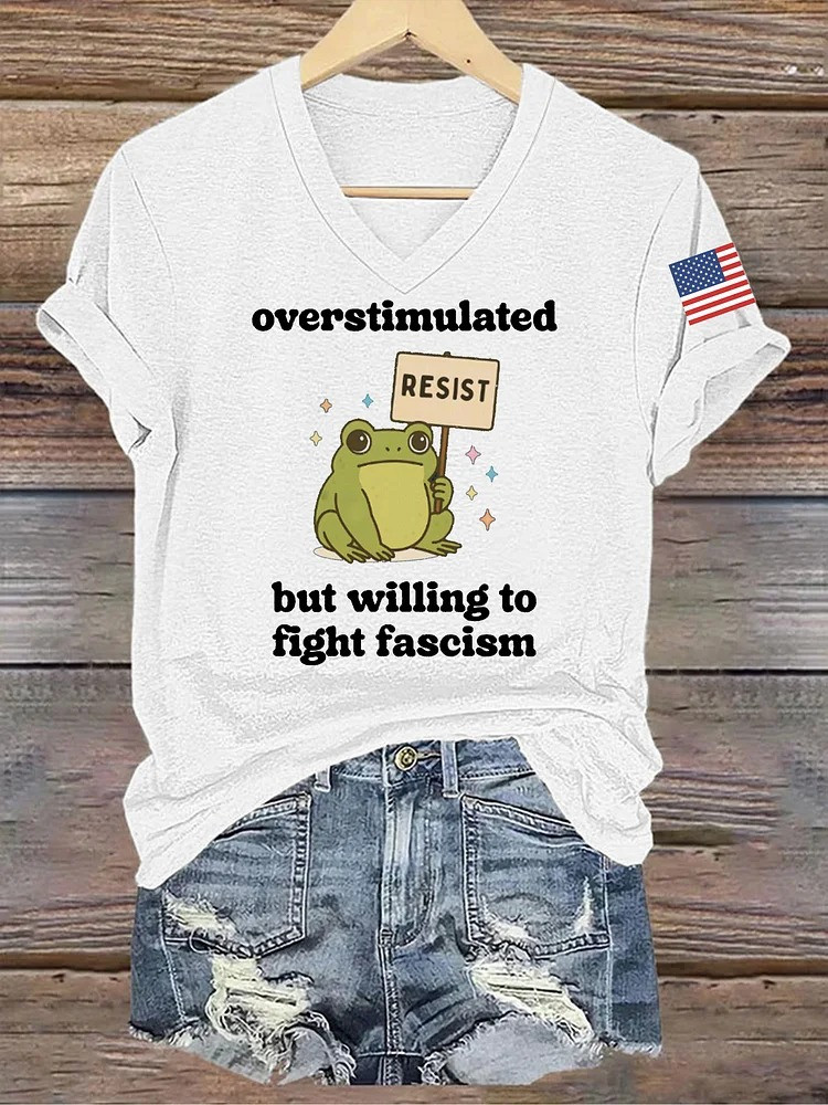 Resist Frog V-Neck Shirt Overstimulated But Willing To Fight Fascism Abolish ICE Merch