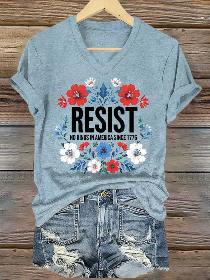 Resist No Kings In America Since 1776 Floral V-Neck Shirt Political Protest Clothing Patriotic Gift For Supporters