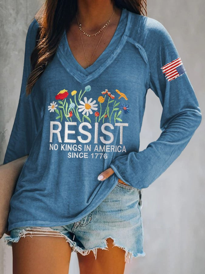 Resist No Kings In America Since 1776 Long Sleeve V-Neck Shirt Protest Gear Gift For Supporters