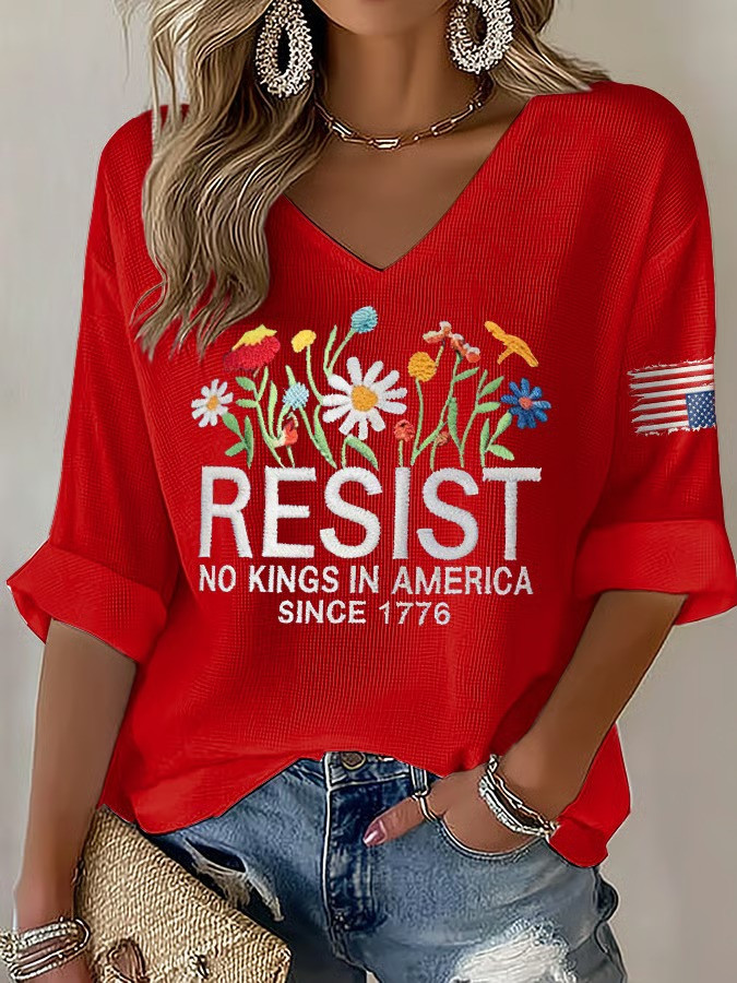 Resist No Kings In America Since 1776 V-Neck Long Sleeve Shirt No Kings March 28 Clothes
