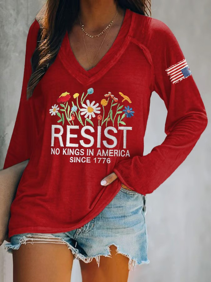 Resist No Kings In America Since 1776 V-Neck Long Sleeve Shirt No Kings Protest 2026 Apparel