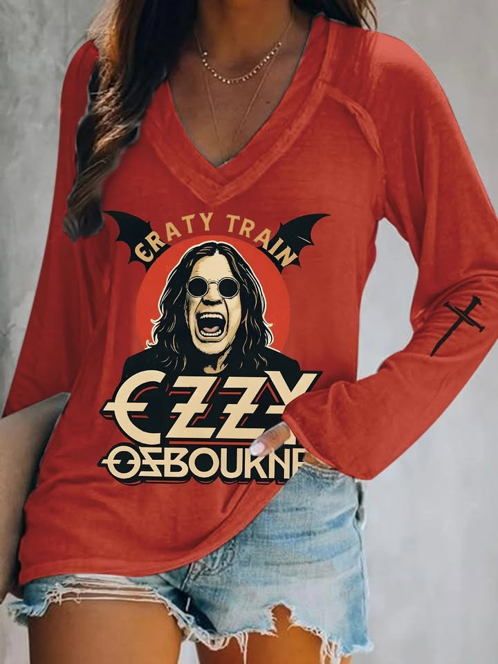 Rest In Peace RIP Ozzy Bat Osbourne Crazy Train Long Sleeve V-Neck Shirt Womens Fan Merch