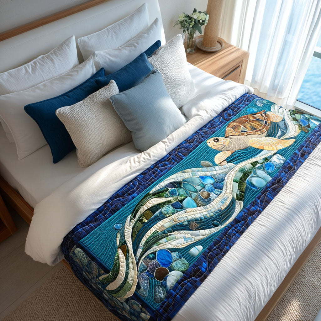 Restful Waters Quilted Bed Runner Cool Bedroom Decor Sea Turtle Gift Shop
