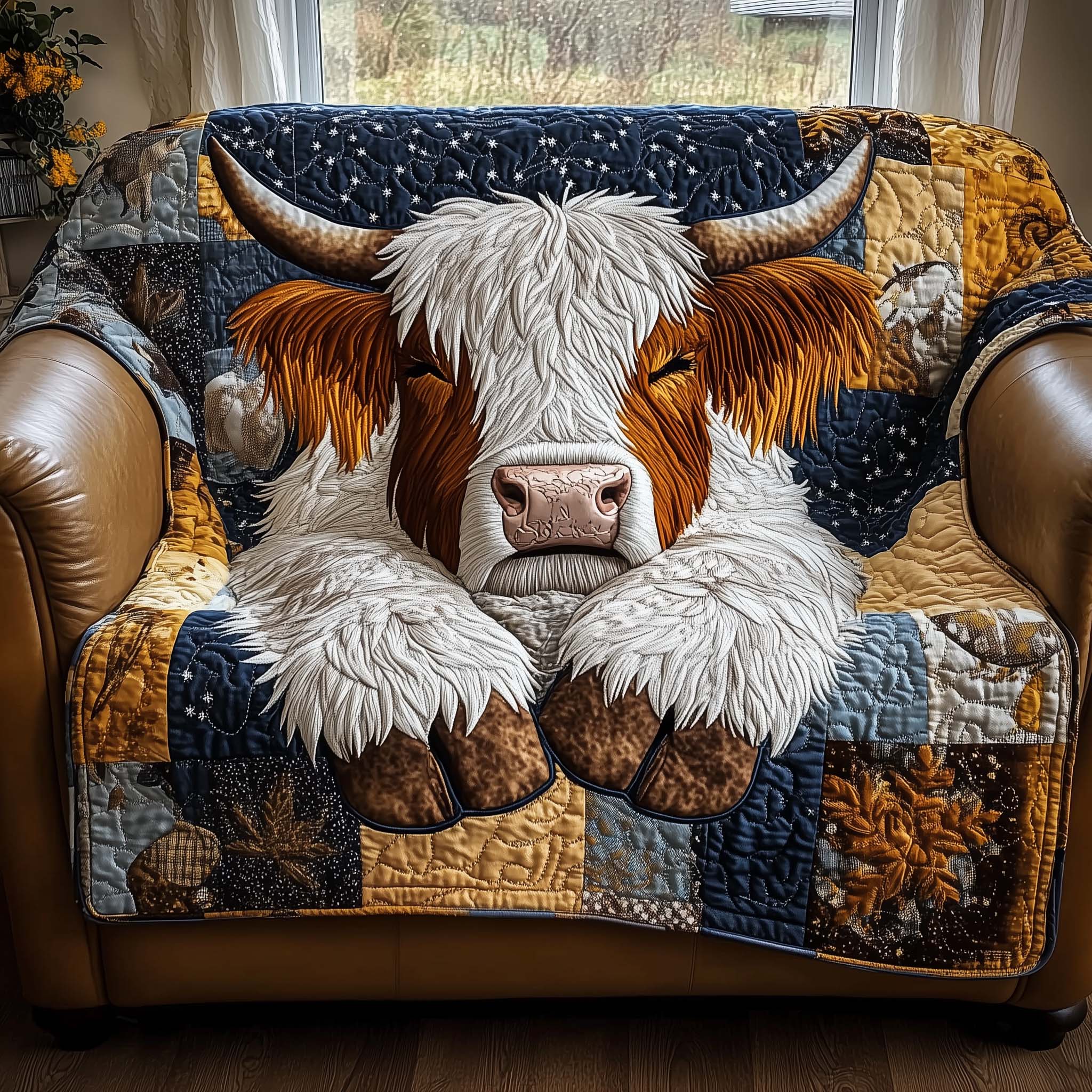 Resting Highland Cow Quilted Sofa Cover Relaxed Highland Bull Cow Lover Gift Ideas