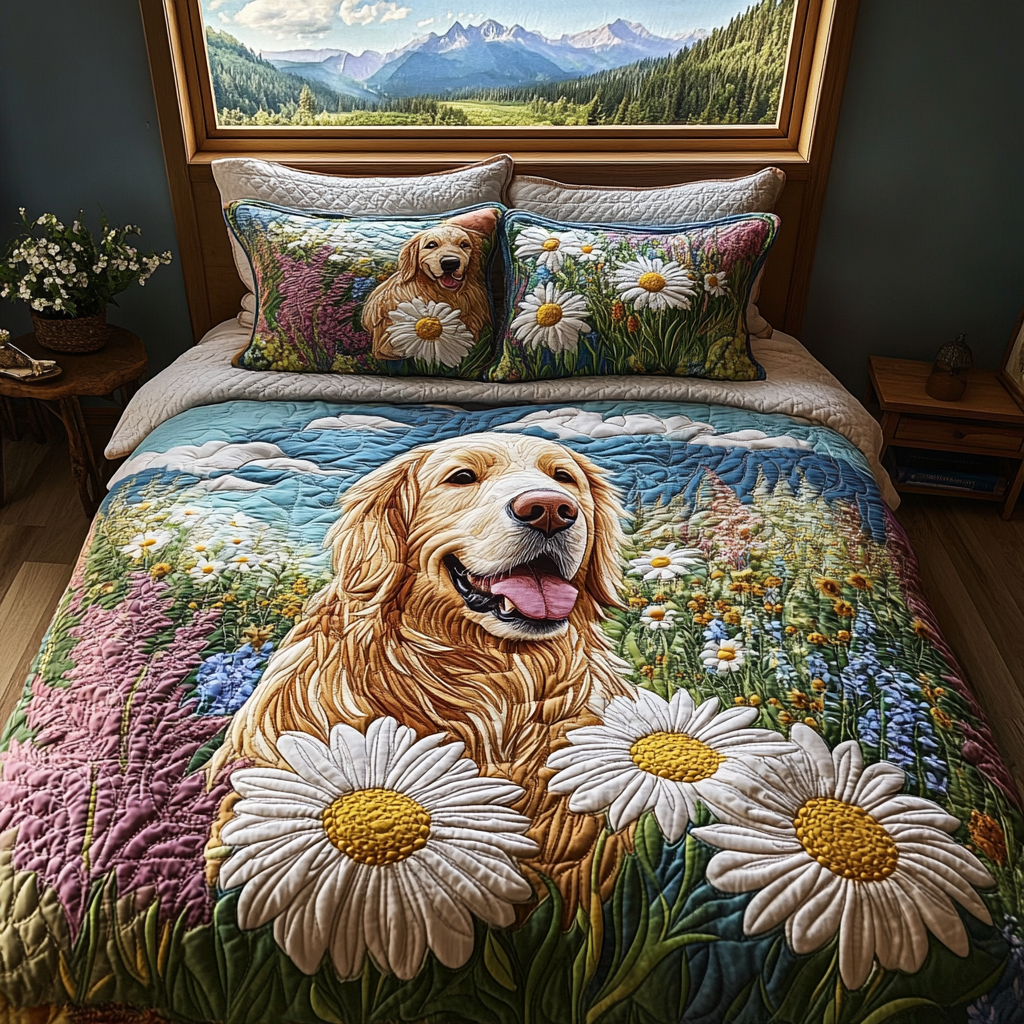 Retriever Daisy Quilted Bedding Set Cool Bedroom Decor Christmas Gifts For Golden Retriever