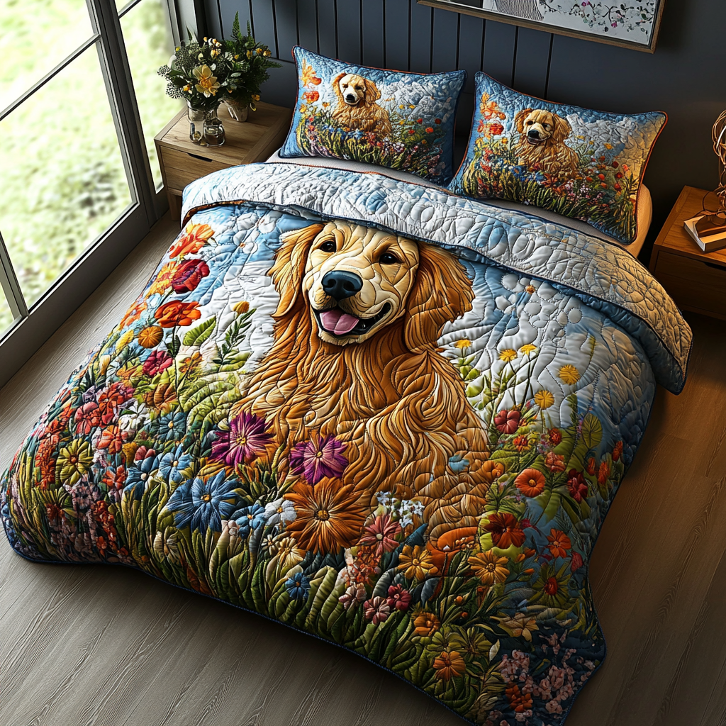 Retriever Love Quilted Bedding Set Aesthetic Room Decor Golden Retriever Gifts For Owners