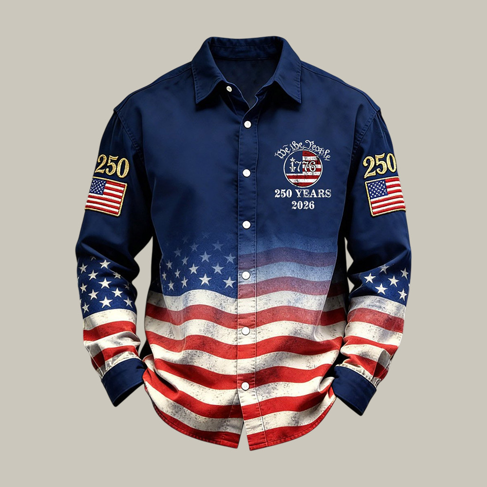 Retro 250th Anniversary American Flag Button Up Long Sleeve Shirt 4th Of July Attire