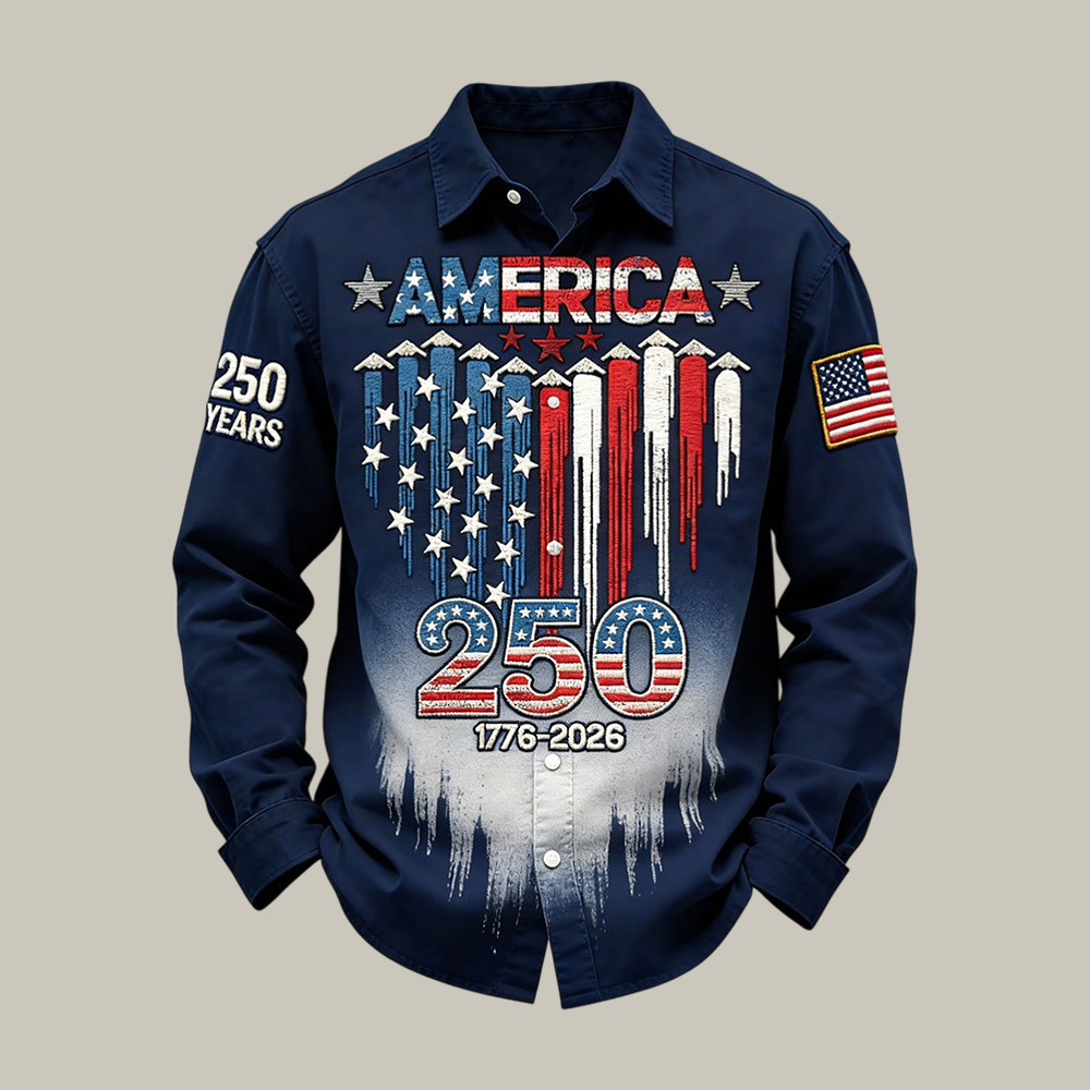 Retro 250th Anniversary American Flag Button Up Long Sleeve Shirt 4th Of July Attire