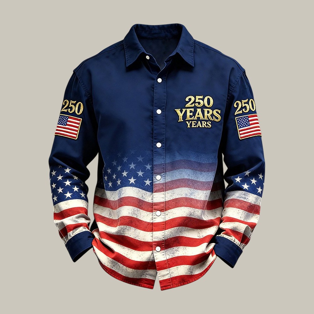 Retro 250th Anniversary American Flag Button Up Long Sleeve Shirt 4th Of July Outfit Ideas