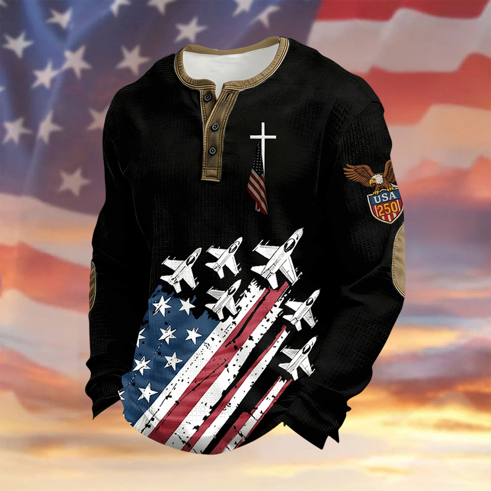 Retro 250th Anniversary Faith Button Long Sleeve Shirt 4Th Of July Outfits Patriotic Gift