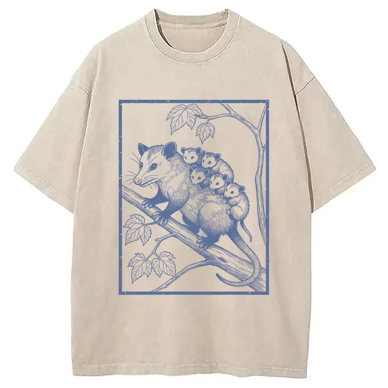 Retro Adorable Possum Family Washed T-Shirt Unisex Streetwear Graphic Style Gifts For Sister